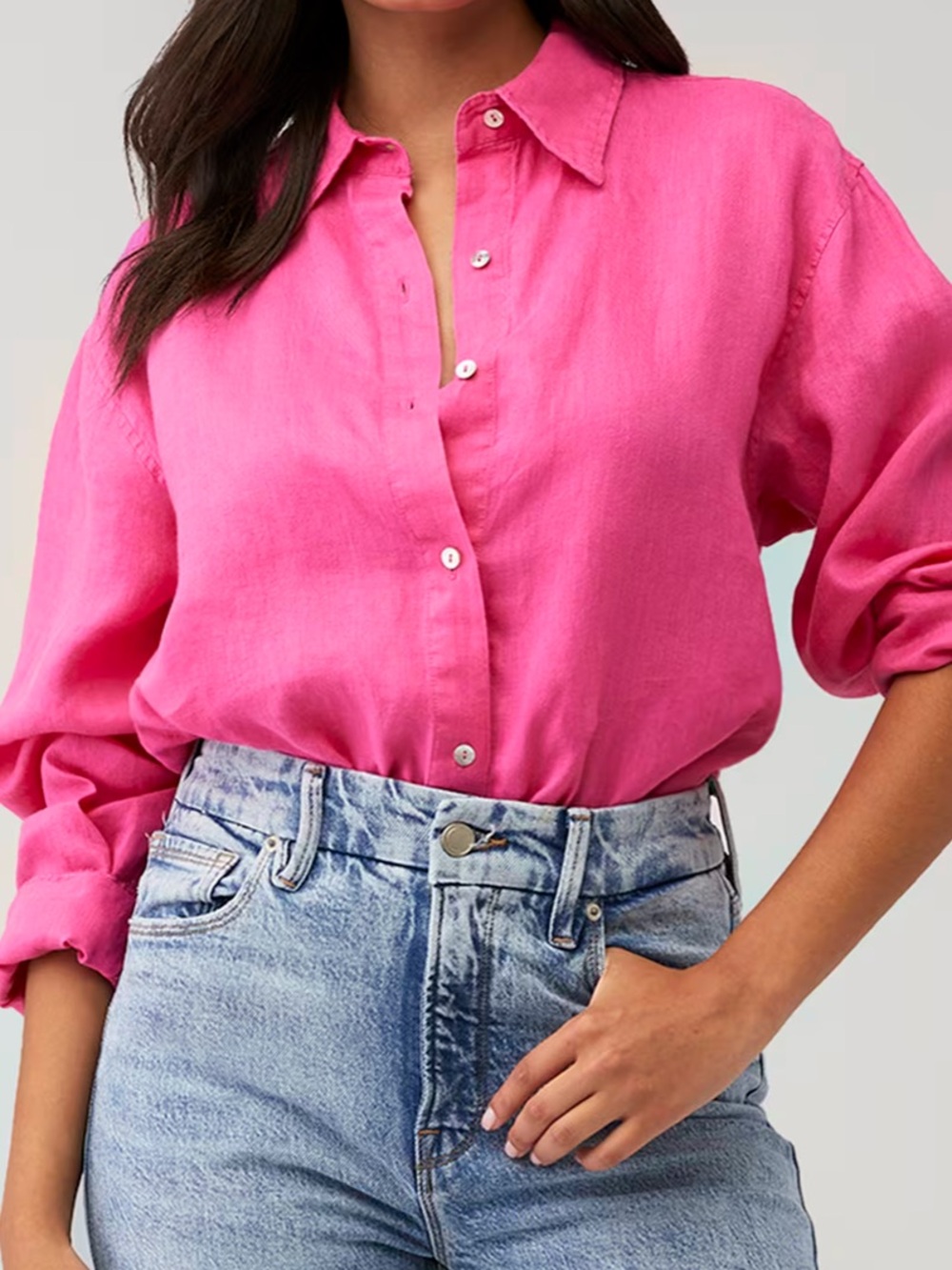 Vibrant Pink linen Relaxed Button-Down Shirt